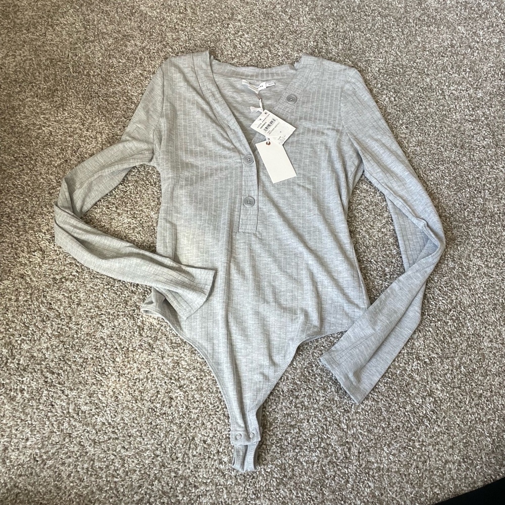 Good American Womens Ribbed Long Sleeve Henley Bodysuit Size M